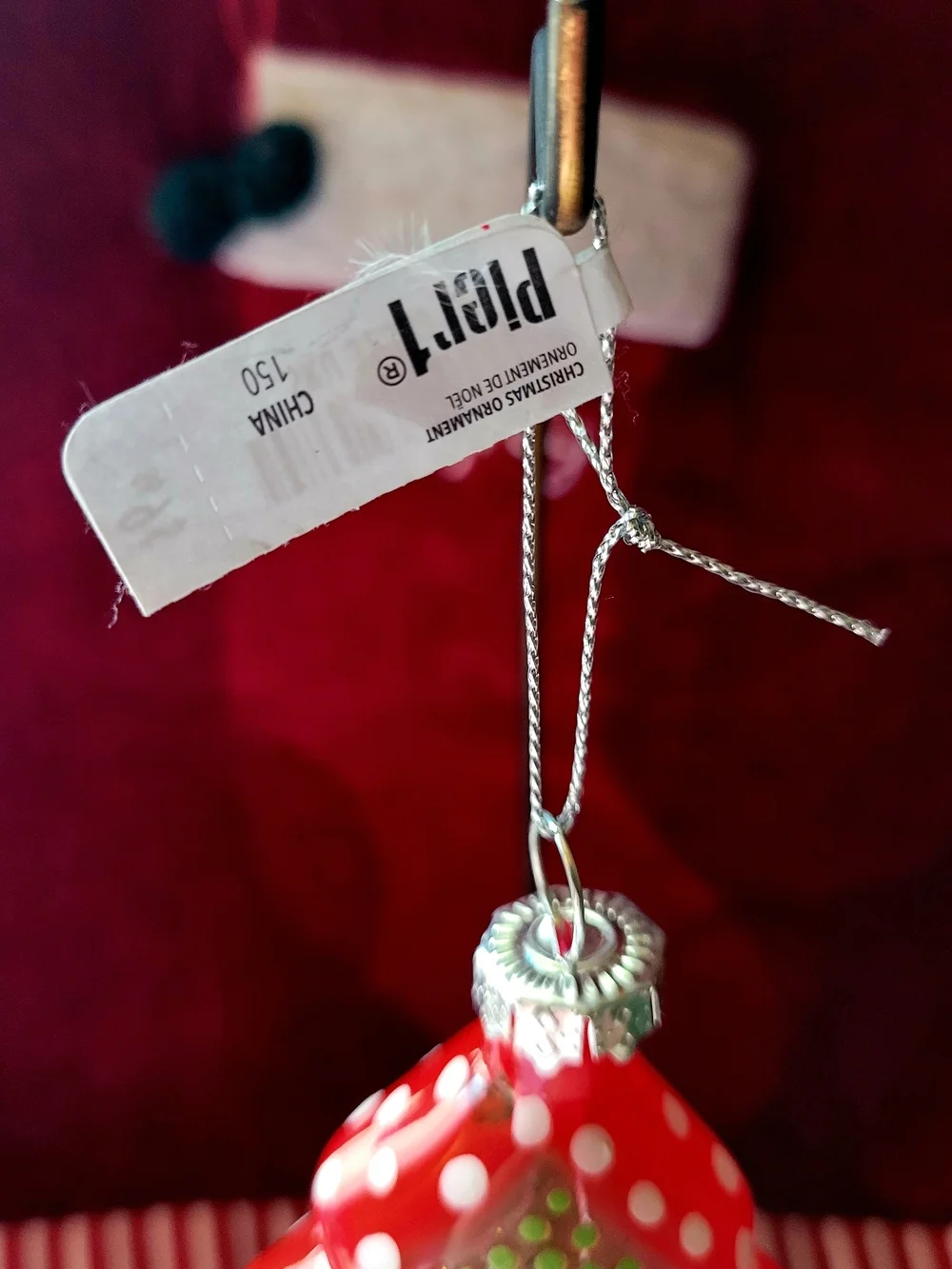 Pier 1 Red and Green Polka Dot Glass Christmas Tree Ornament